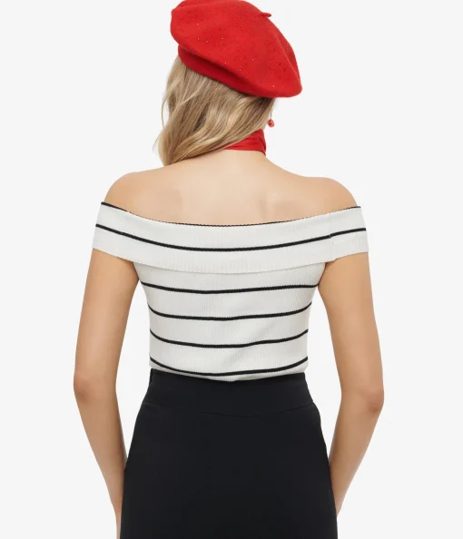 Black & White Stripe Off The Shoulder Knit Top