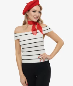 Black & White Stripe Off The Shoulder Knit Top