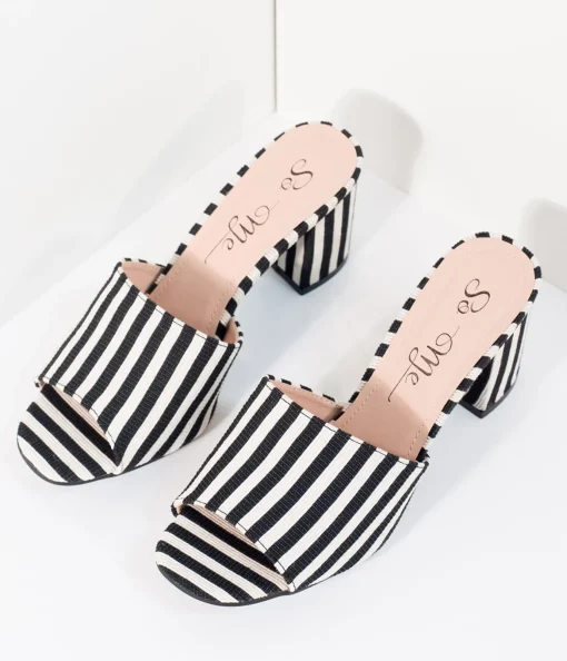 Black & White Stripe Woven Peep Toe Mule Heels