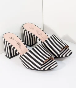 Black & White Stripe Woven Peep Toe Mule Heels