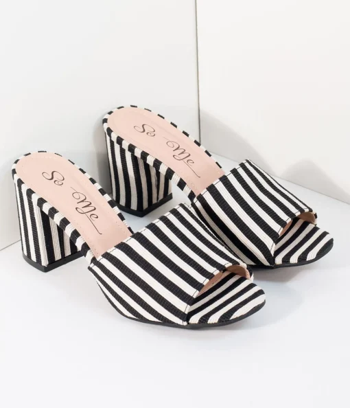 Black & White Stripe Woven Peep Toe Mule Heels
