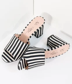 Black & White Stripe Woven Peep Toe Mule Heels