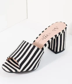 Black & White Stripe Woven Peep Toe Mule Heels