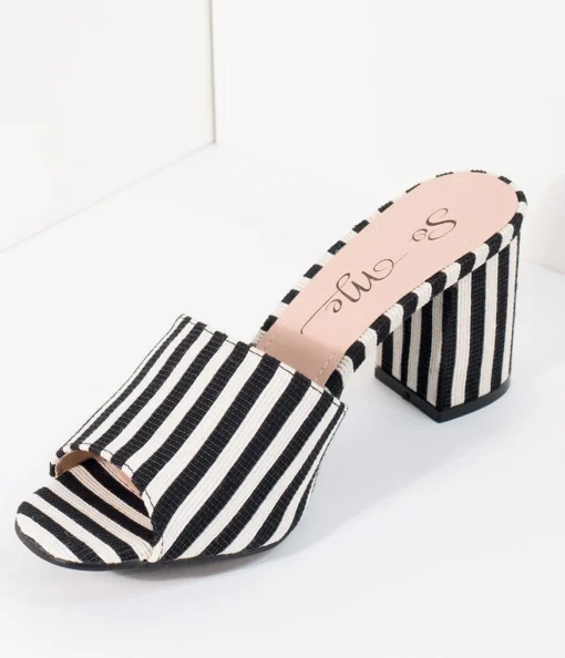 Black & White Stripe Woven Peep Toe Mule Heels