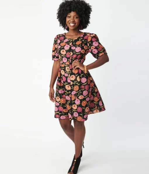Black & Zinnia Floral Fit & Flare Dress