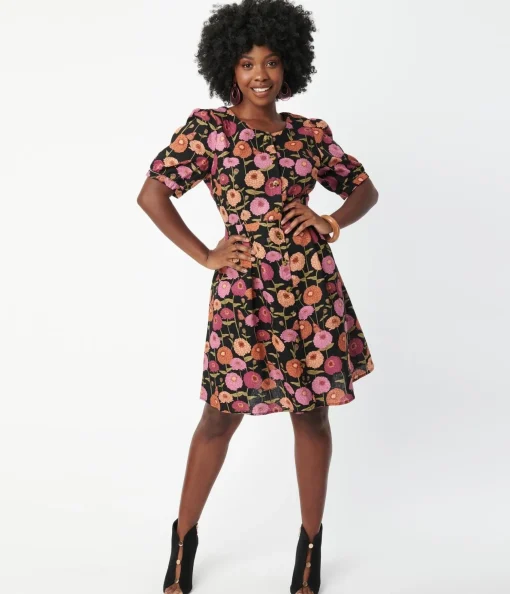 Black & Zinnia Floral Fit & Flare Dress