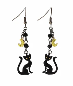 Black Cat & Moon Dangle Earrings