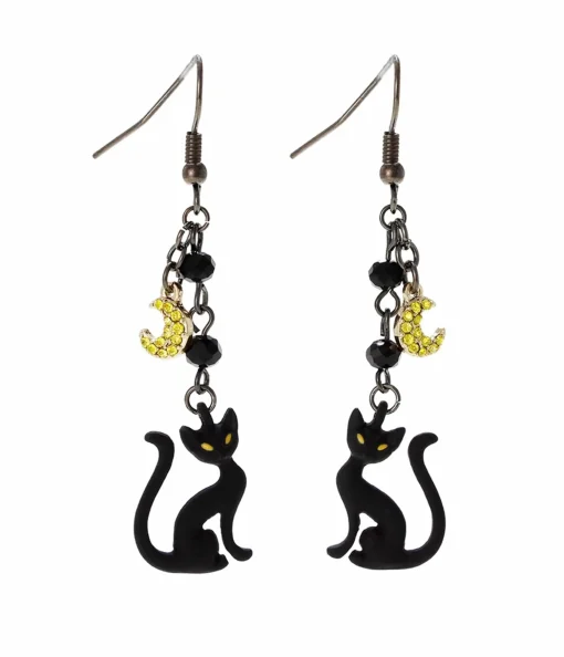 Black Cat & Moon Dangle Earrings