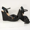 Black Crocodile Embossed Cross Wedge Sandals
