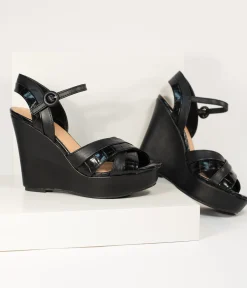 Black Crocodile Embossed Cross Wedge Sandals