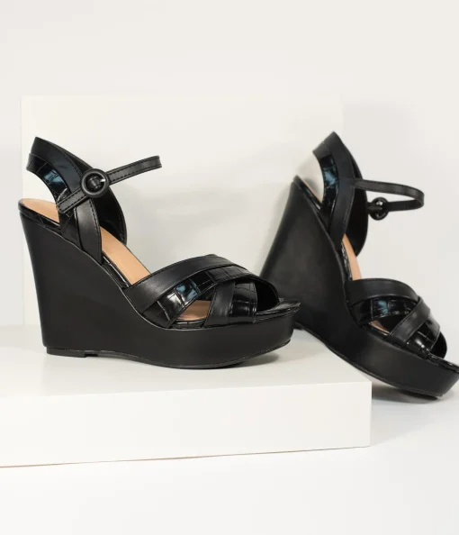 Black Crocodile Embossed Cross Wedge Sandals