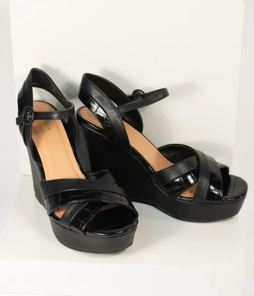 Black Crocodile Embossed Cross Wedge Sandals