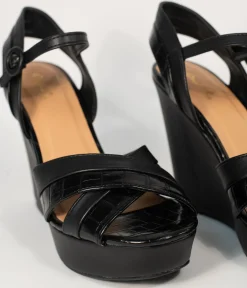 Black Crocodile Embossed Cross Wedge Sandals