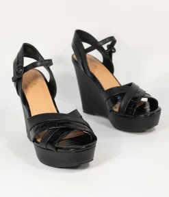 Black Crocodile Embossed Cross Wedge Sandals
