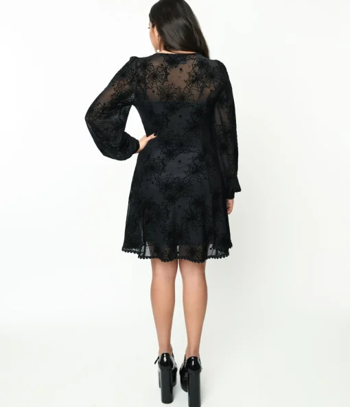 Black Flocked Spiderweb Penny Mini Dress