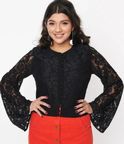 Black Floral Lace Bell Sleeve Cardigan