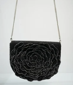 Black Flower Beaded Crossbody Bag