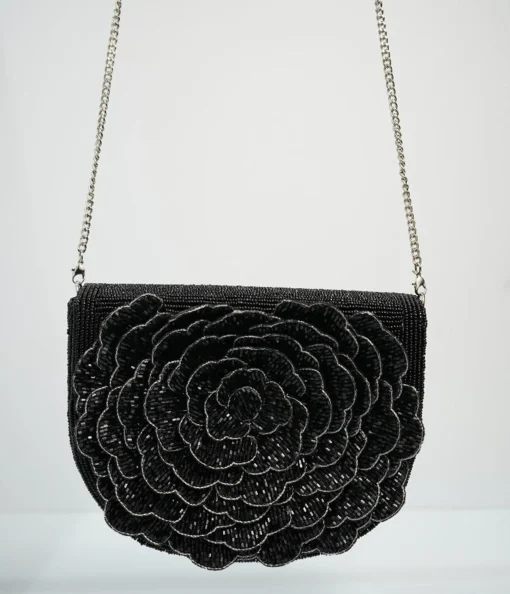 Black Flower Beaded Crossbody Bag