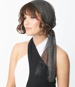 Black Mesh & Silver Rhinestone Headscarf