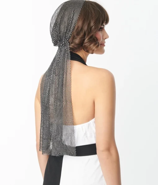 Black Mesh & Silver Rhinestone Headscarf