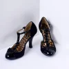 Black Microsuede Button Up T-Strap Heels