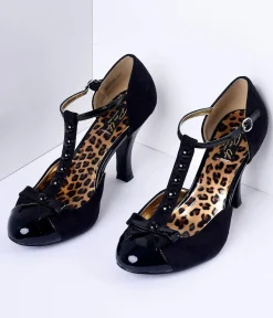 Black Microsuede Button Up T-Strap Heels