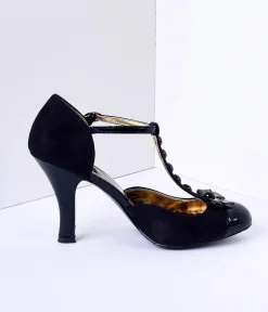 Black Microsuede Button Up T-Strap Heels