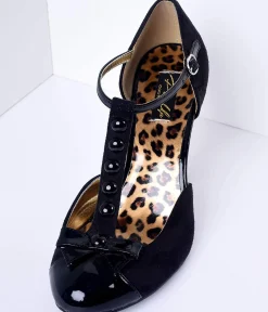 Black Microsuede Button Up T-Strap Heels