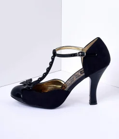 Black Microsuede Button Up T-Strap Heels