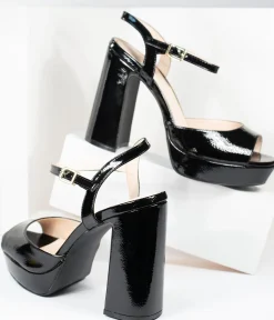 Black Patent Leatherette Peep Toe Platforms