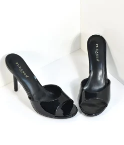 Black Patent Leatherette Peep Toe Slip On Heels