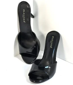 Black Patent Leatherette Peep Toe Slip On Heels
