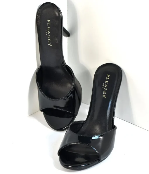 Black Patent Leatherette Peep Toe Slip On Heels