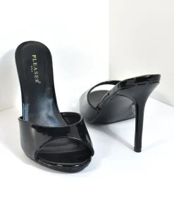 Black Patent Leatherette Peep Toe Slip On Heels