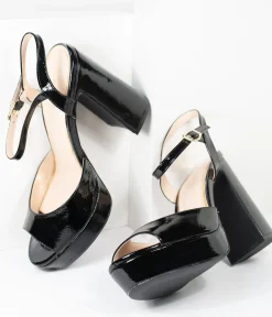 Black Patent Leatherette Peep Toe Platforms