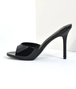 Black Patent Leatherette Peep Toe Slip On Heels