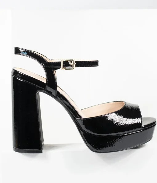 Black Patent Leatherette Peep Toe Platforms