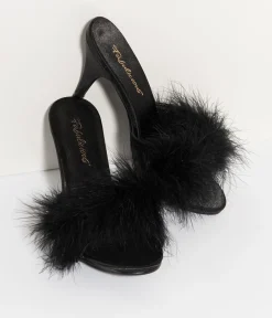 Black Satin & Marabou Feather Peep Toe Amour Heel Slipper
