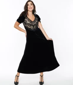 Black Velvet & Cream Lace Maxi Dress