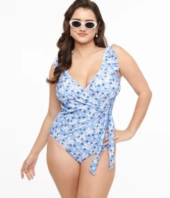 Blue & White Blossom Wrap One Piece Swimsuit