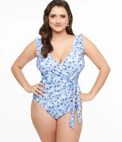 Blue & White Blossom Wrap One Piece Swimsuit