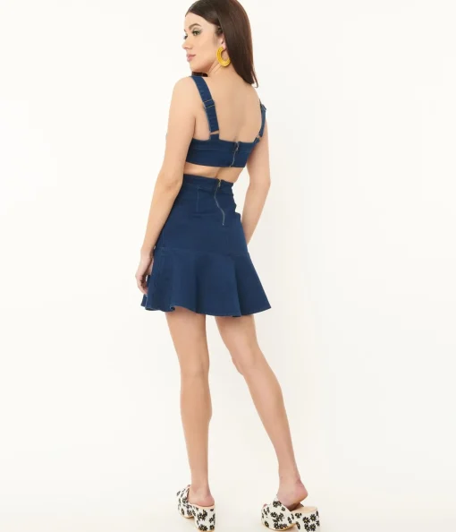 Blue Denim Cutout Pinafore Fitted Dress