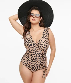 Brown & Black Leopard Print Wrap One Piece Swimsuit