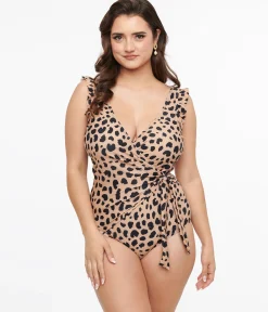 Brown & Black Leopard Print Wrap One Piece Swimsuit