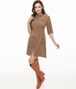 Brown Corduroy Heart Print Button Up Mini Dress