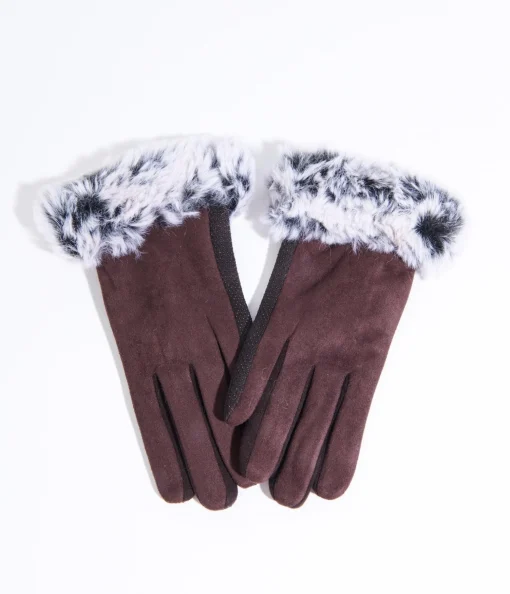 Brown Suede & Grey Faux Fur Gloves