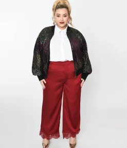 Burgundy Satin & Lace Trim Mathilde Pants
