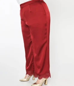 Burgundy Satin & Lace Trim Mathilde Pants