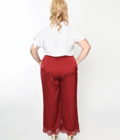 Burgundy Satin & Lace Trim Mathilde Pants