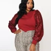 Burgundy Sequin Sleeved Knit Top
